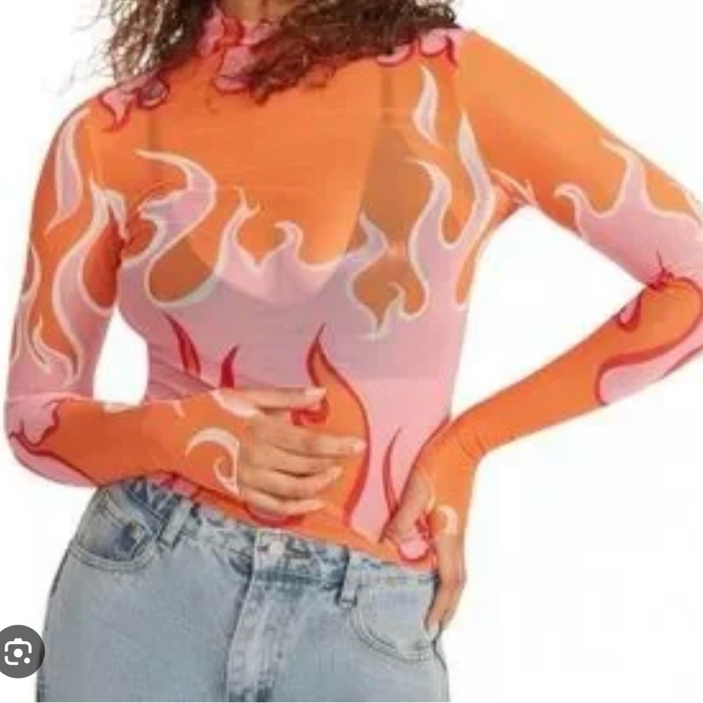 Steve Madden Orange and Pink Flame Mesh Long-Sleeve Top